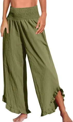Summer Womens Pants Linen Flowy Wide Leg High Waist Palazzo Boho Pants 2025 Fashion Smocked Ruffle Hem Trousers Pockets
