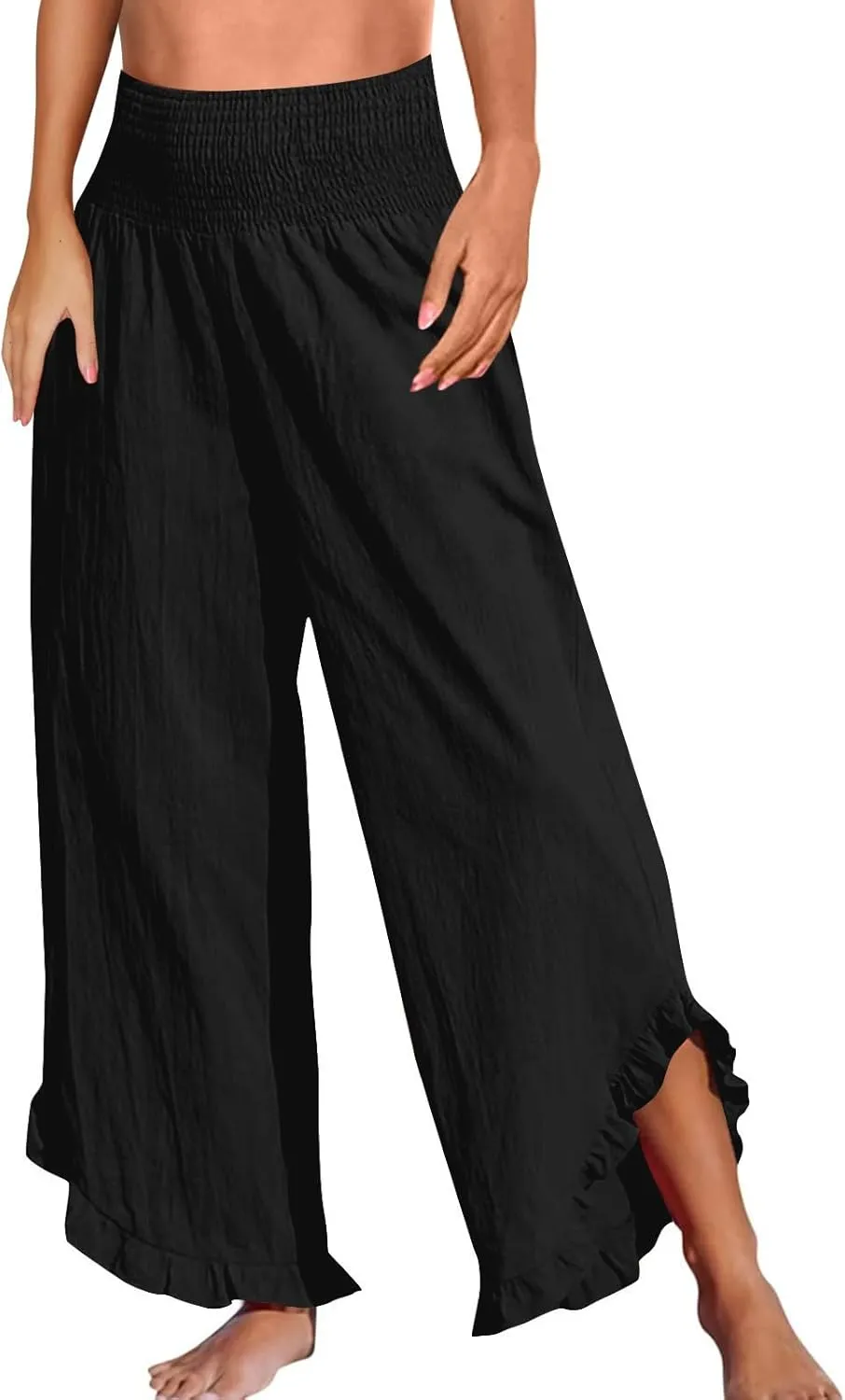Summer Womens Pants Linen Flowy Wide Leg High Waist Palazzo Boho Pants 2025 Fashion Smocked Ruffle Hem Trousers Pockets
