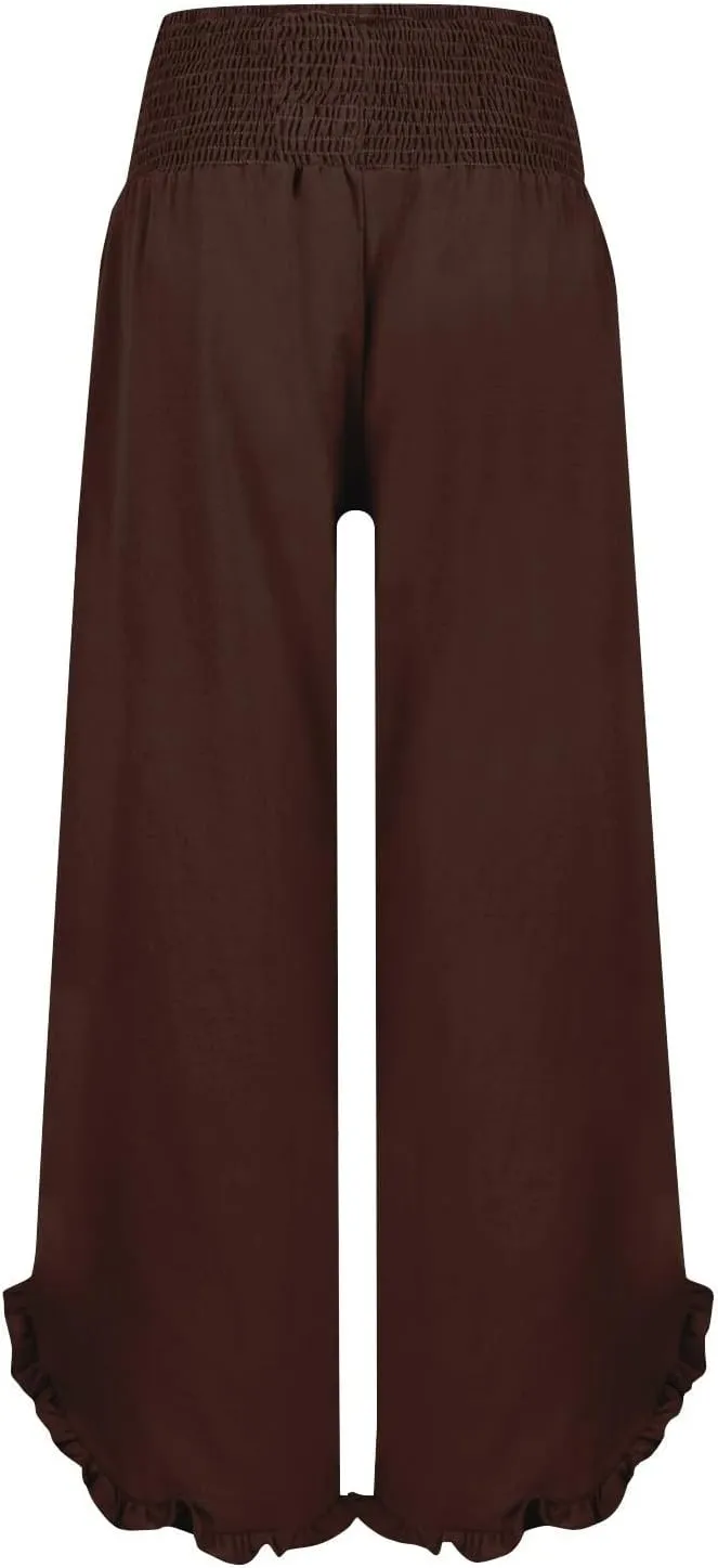 Summer Womens Pants Linen Flowy Wide Leg High Waist Palazzo Boho Pants 2025 Fashion Smocked Ruffle Hem Trousers Pockets