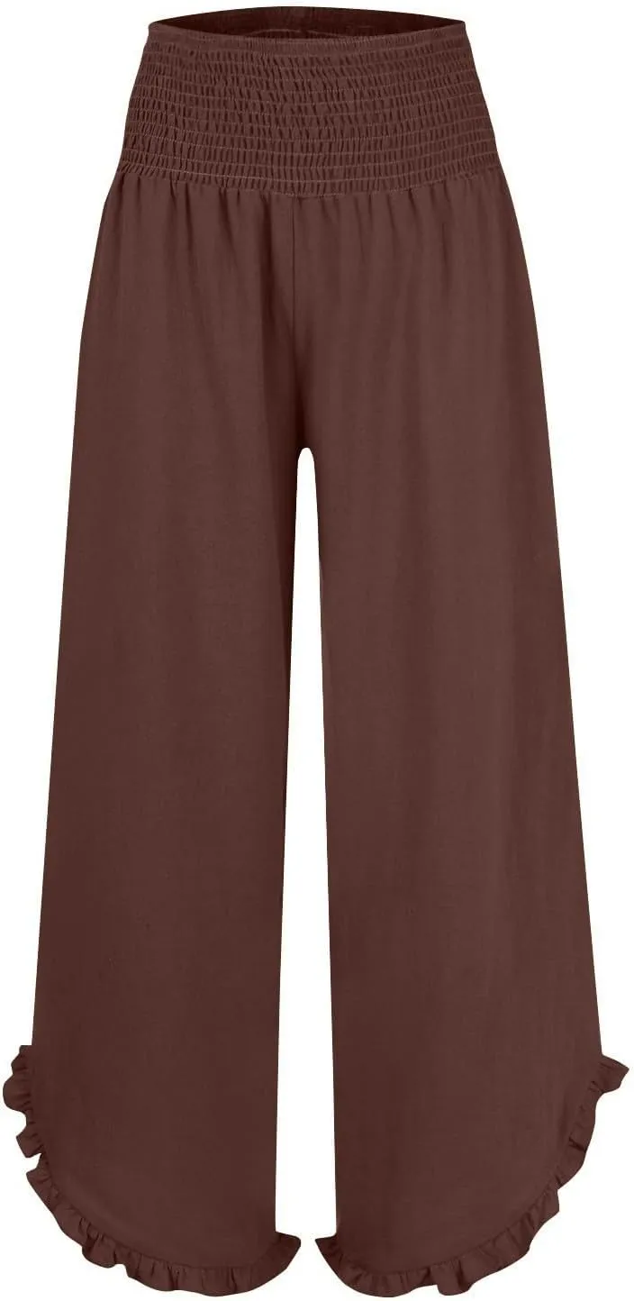 Summer Womens Pants Linen Flowy Wide Leg High Waist Palazzo Boho Pants 2025 Fashion Smocked Ruffle Hem Trousers Pockets