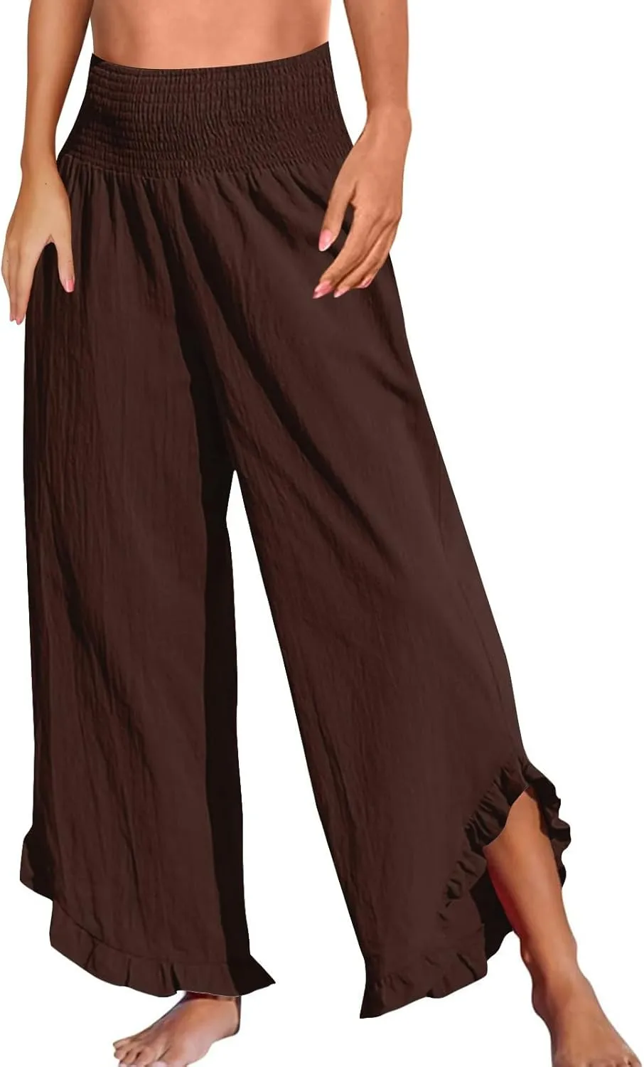 Summer Womens Pants Linen Flowy Wide Leg High Waist Palazzo Boho Pants 2025 Fashion Smocked Ruffle Hem Trousers Pockets