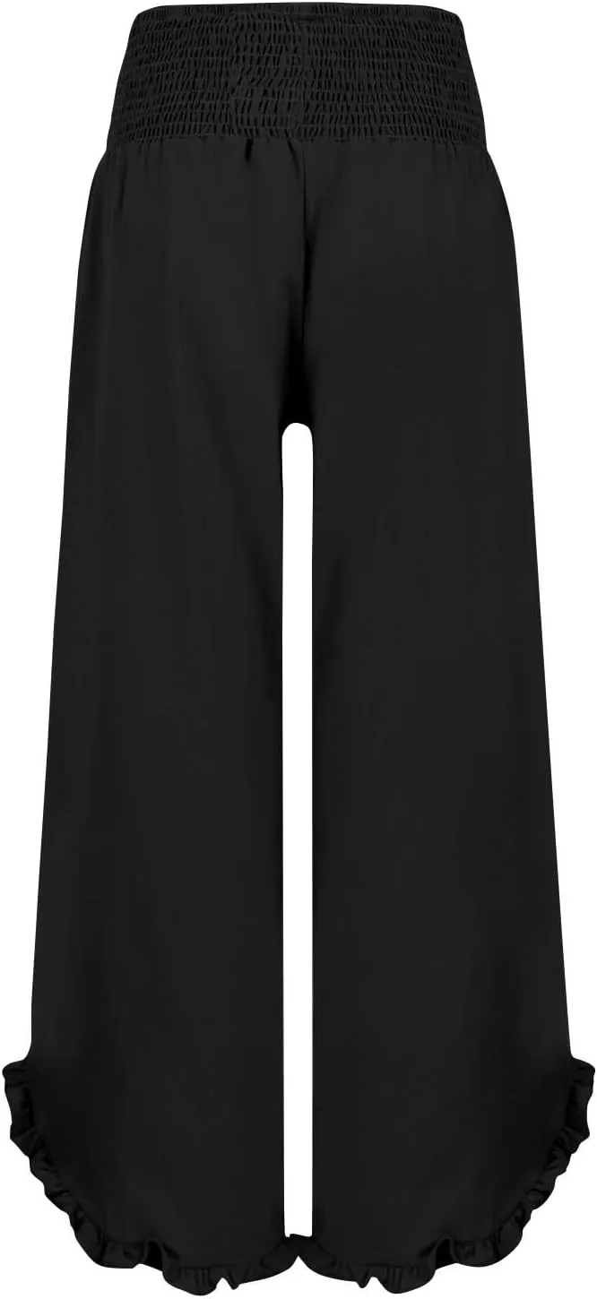 Summer Womens Pants Linen Flowy Wide Leg High Waist Palazzo Boho Pants 2025 Fashion Smocked Ruffle Hem Trousers Pockets