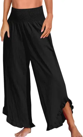Summer Womens Pants Linen Flowy Wide Leg High Waist Palazzo Boho Pants 2025 Fashion Smocked Ruffle Hem Trousers Pockets