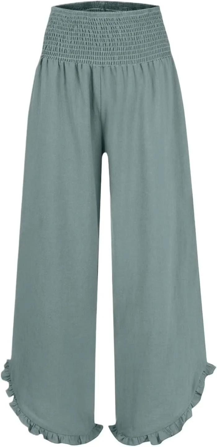 Summer Womens Pants Linen Flowy Wide Leg High Waist Palazzo Boho Pants 2025 Fashion Smocked Ruffle Hem Trousers Pockets