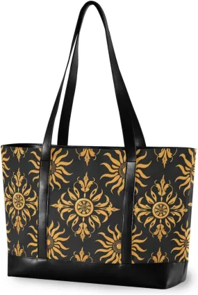 Sun Geometric Pattern Gold Black Waterproof womens tote bags for work with zipper travel tote for nurses with cartera para laptop de mujer