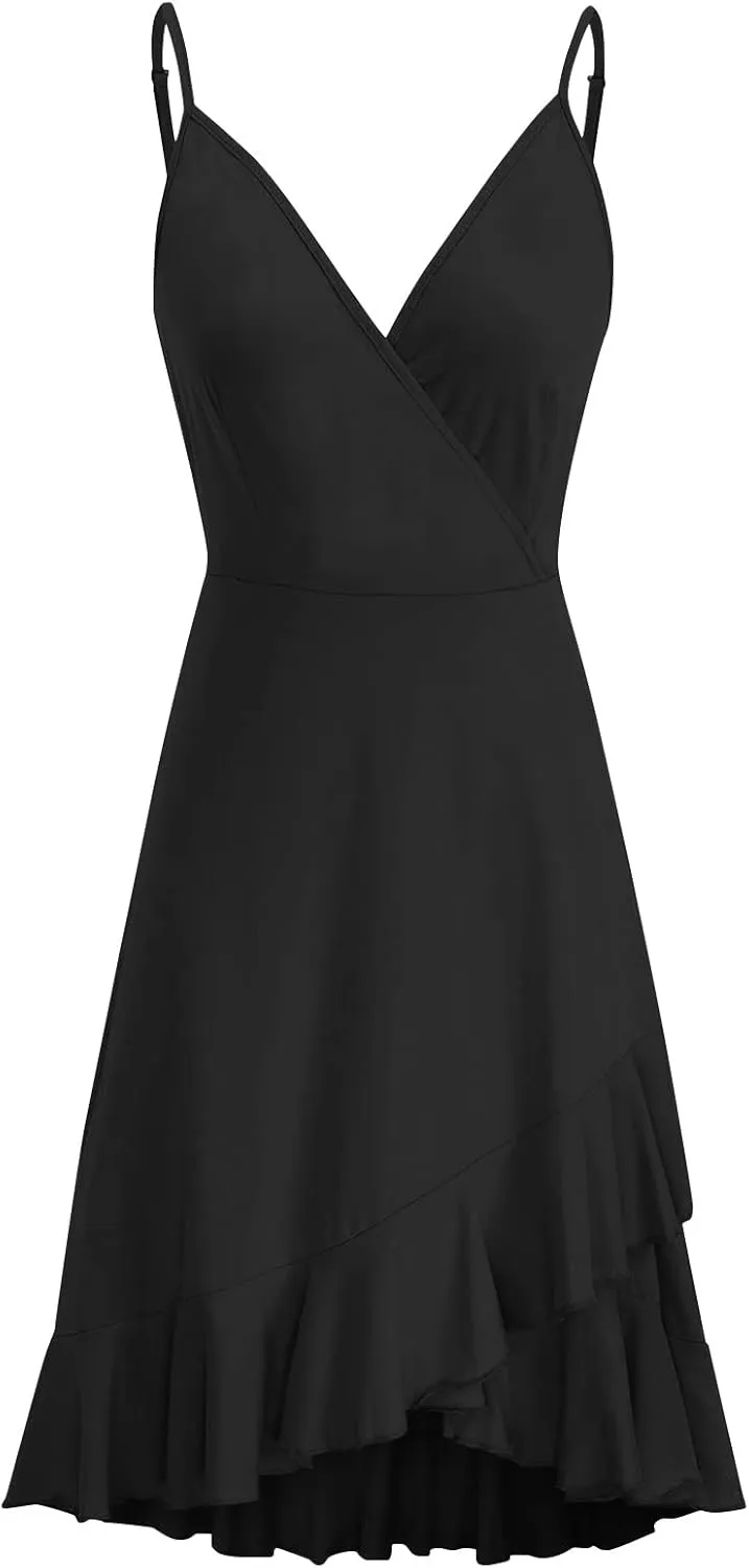 Sundresses for Women,2024 Summer Elegant Sexy Wrap V Neck Sling Party Dress,Trendy Flowy Ruched Ruffle Hem Beach Dress