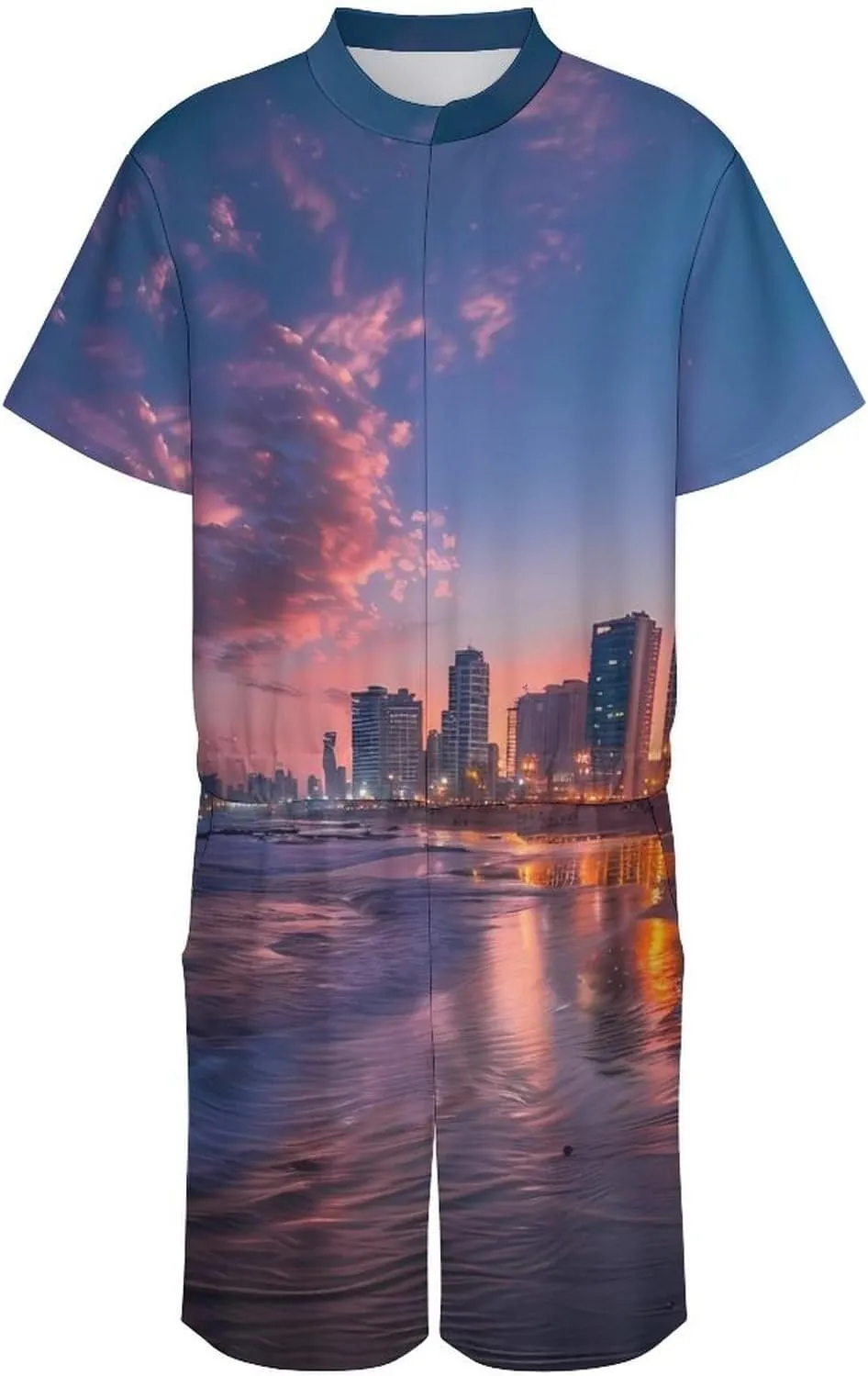 Sunset over Tel Aviv Beach Israel Mens Short Sleeve Rompers Printed Slim Fit One Piece Jumpsuit with Pocket