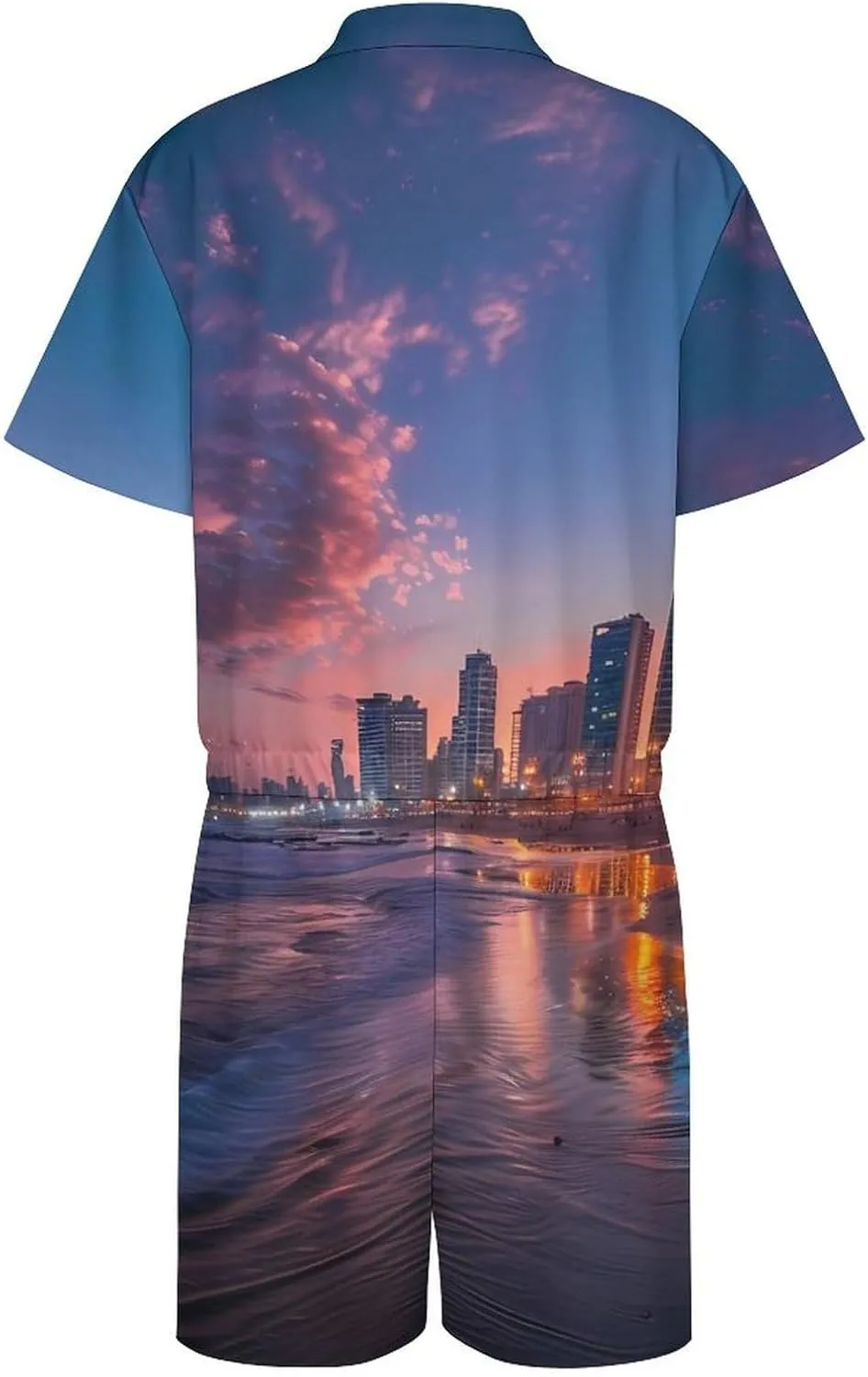 Sunset over Tel Aviv Beach Israel Mens Short Sleeve Rompers Printed Slim Fit One Piece Jumpsuit with Pocket