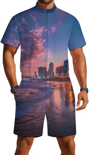 Sunset over Tel Aviv Beach Israel Mens Short Sleeve Rompers Printed Slim Fit One Piece Jumpsuit with Pocket