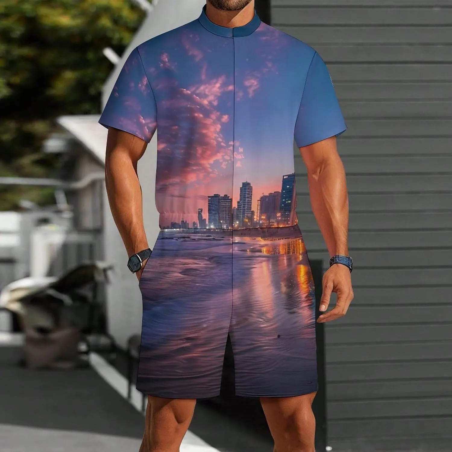 Sunset over Tel Aviv Beach Israel Mens Short Sleeve Rompers Printed Slim Fit One Piece Jumpsuit with Pocket