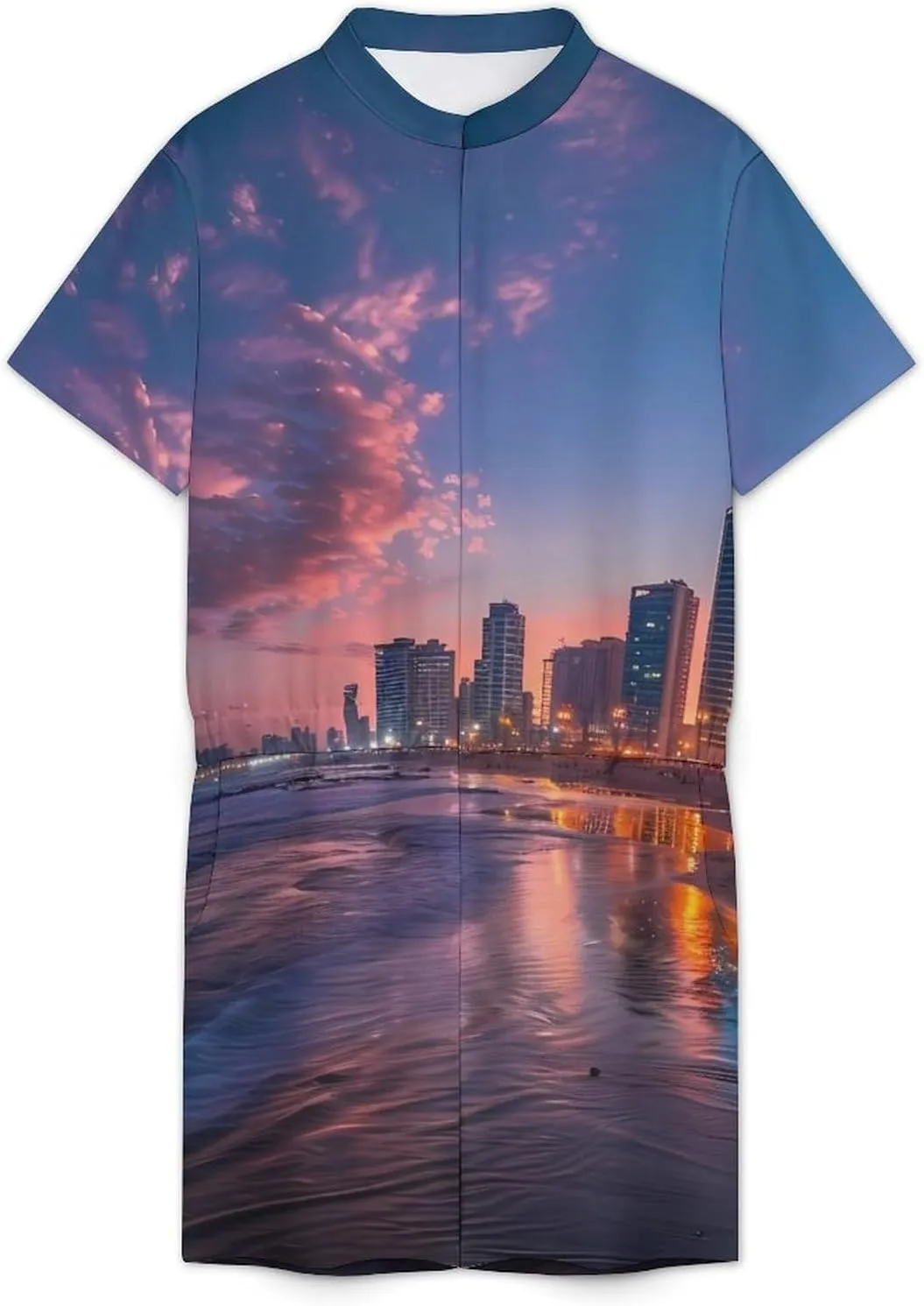 Sunset over Tel Aviv Beach Israel Mens Short Sleeve Rompers Printed Slim Fit One Piece Jumpsuit with Pocket