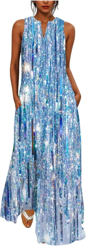Swing Maxi Dress for Women Floral Printed Casual Summer V Neck Sleeveless Loose A-Line Beach Sundress with Pockets