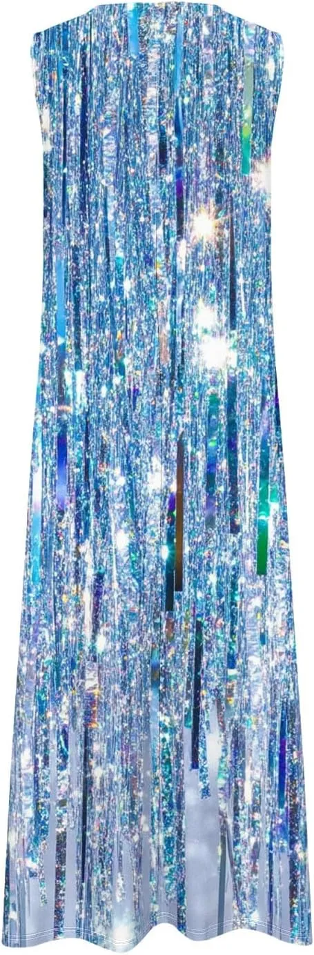 Swing Maxi Dress for Women Floral Printed Casual Summer V Neck Sleeveless Loose A-Line Beach Sundress with Pockets