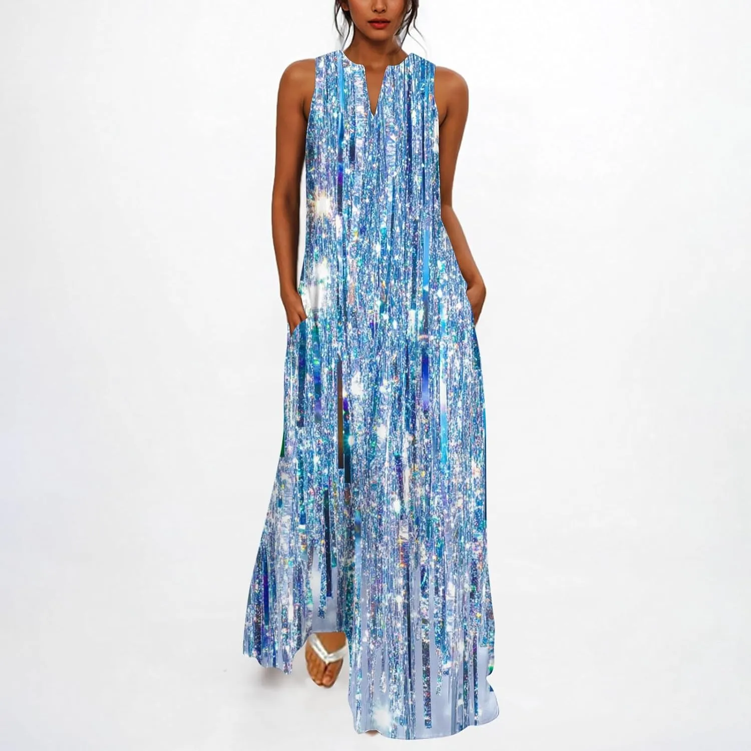 Swing Maxi Dress for Women Floral Printed Casual Summer V Neck Sleeveless Loose A-Line Beach Sundress with Pockets