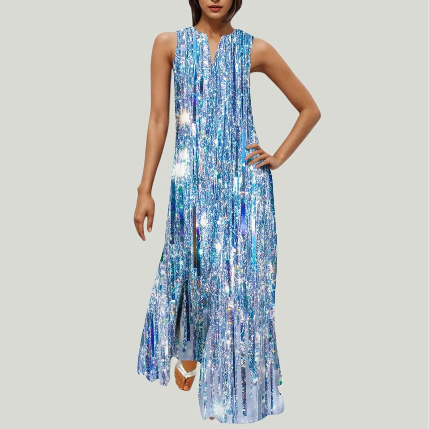 Swing Maxi Dress for Women Floral Printed Casual Summer V Neck Sleeveless Loose A-Line Beach Sundress with Pockets