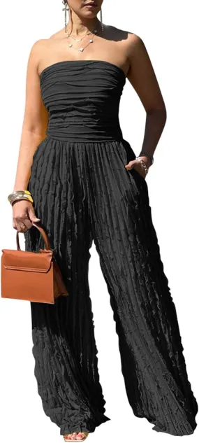 Tcremisa Women's Sexy Strapless Tube Jumpsuit Flowy Sleeveless Off Shoulder Wide Leg One Piece Ruffle Jumpsuits
