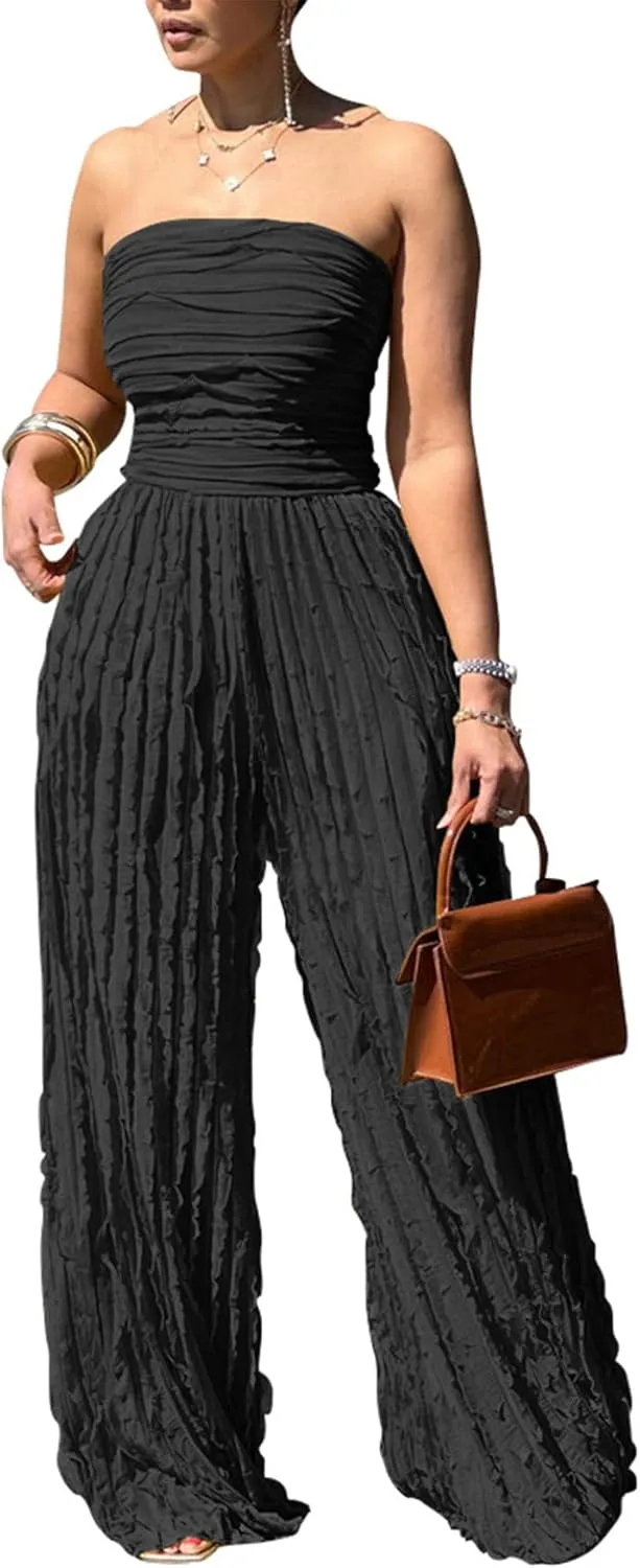 Tcremisa Women's Sexy Strapless Tube Jumpsuit Flowy Sleeveless Off Shoulder Wide Leg One Piece Ruffle Jumpsuits