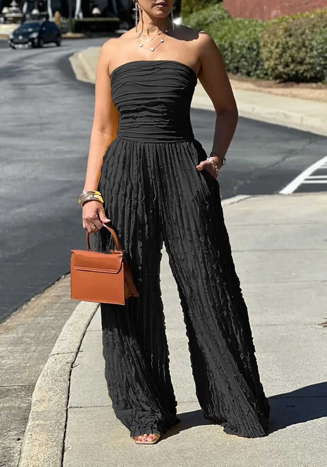 Tcremisa Women's Sexy Strapless Tube Jumpsuit Flowy Sleeveless Off Shoulder Wide Leg One Piece Ruffle Jumpsuits