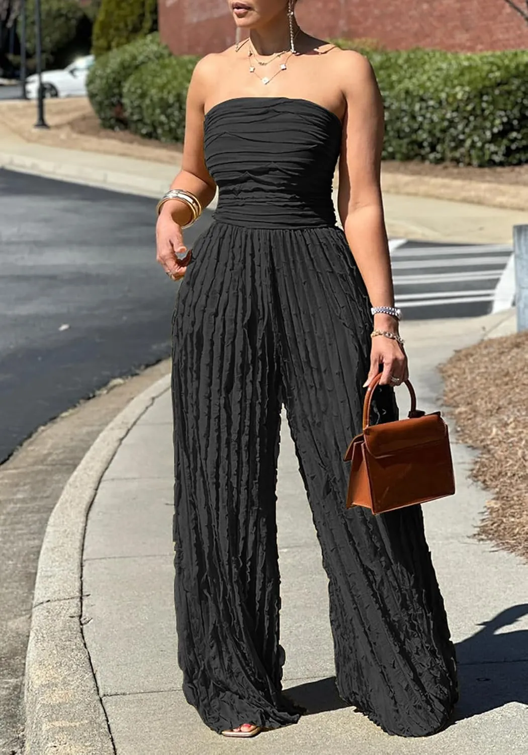 Tcremisa Women's Sexy Strapless Tube Jumpsuit Flowy Sleeveless Off Shoulder Wide Leg One Piece Ruffle Jumpsuits