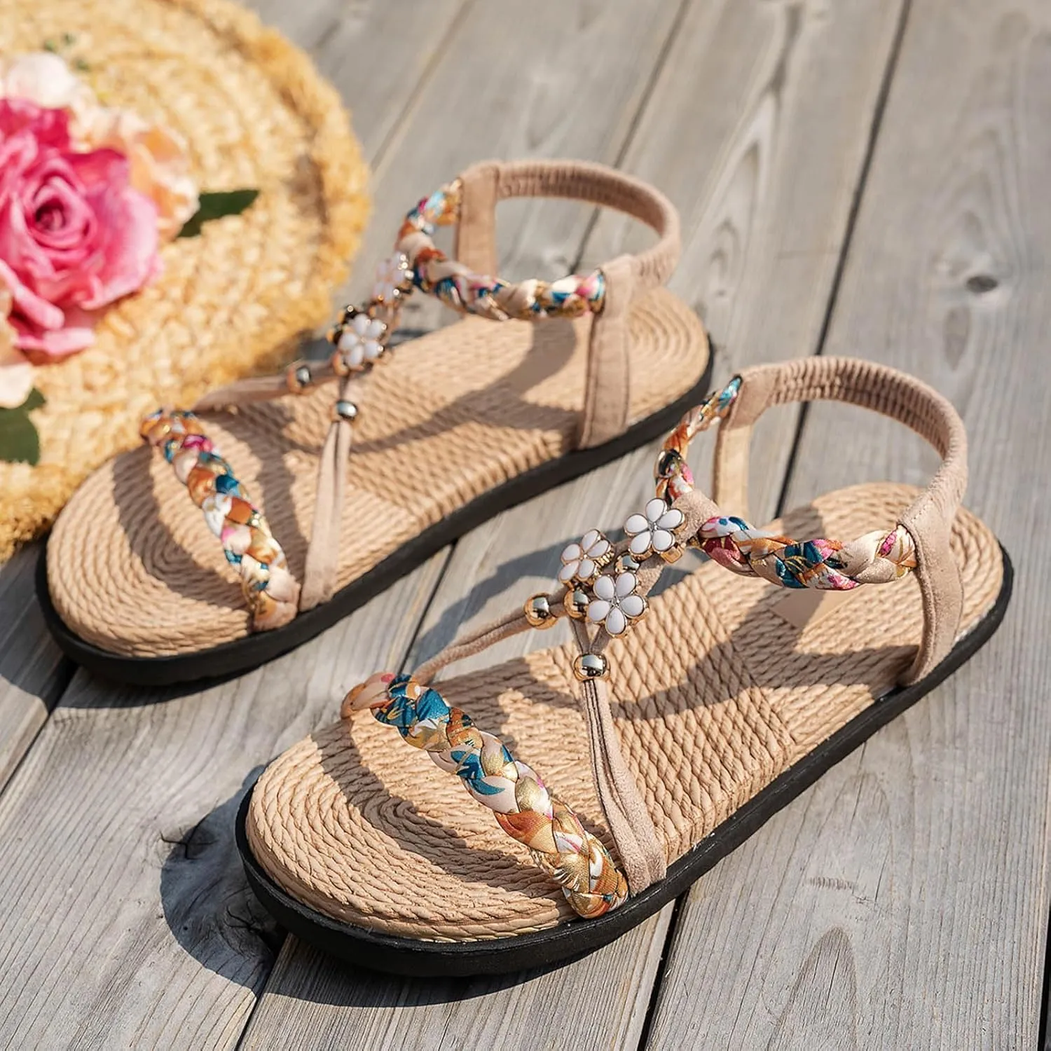 Thick Soled Hollow Women's Shoes Flat Soled Woven Fashionable Casual Rhinestone Outer Wear Sandals Flat Foot Sandals