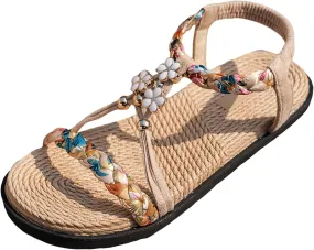 Thick Soled Hollow Women's Shoes Flat Soled Woven Fashionable Casual Rhinestone Outer Wear Sandals Flat Foot Sandals