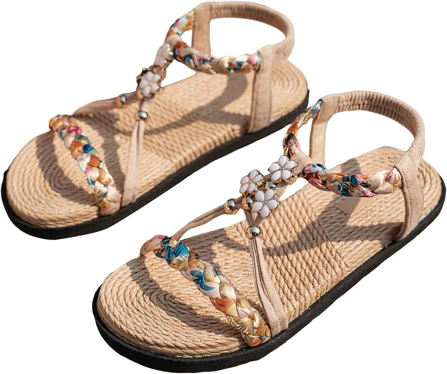 Thick Soled Hollow Women's Shoes Flat Soled Woven Fashionable Casual Rhinestone Outer Wear Sandals Flat Foot Sandals