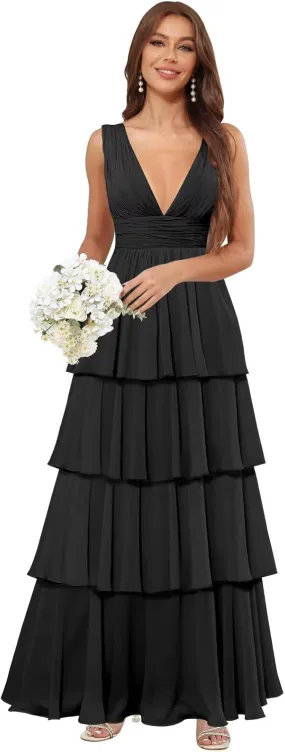 TORYEMY Chiffon V Neck Bridesmaid Dresses Long Ruffle Tiered Prom Dress A Line Formal Evening Gown for Women