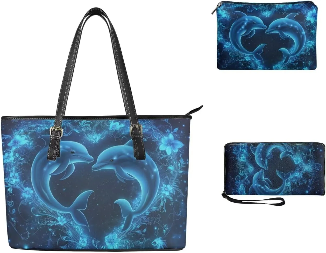 Tote Bag with Zipper Womens Leathe Handbags and Clutch Wallet Set Fashion Daypack