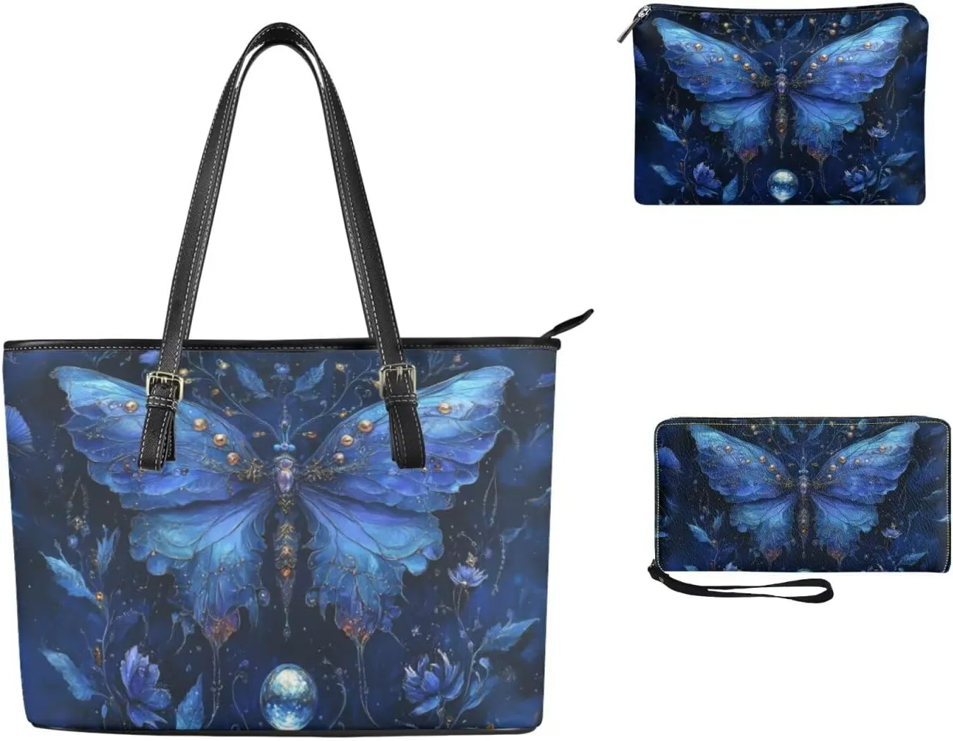 Tote Bag with Zipper Womens Leathe Handbags and Clutch Wallet Set Fashion Daypack