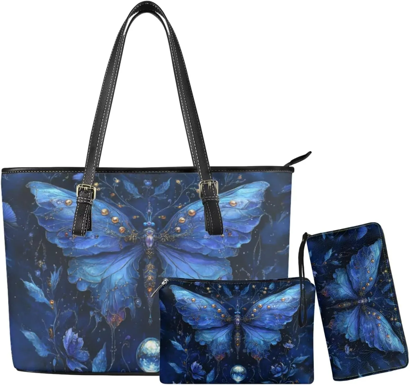Tote Bag with Zipper Womens Leathe Handbags and Clutch Wallet Set Fashion Daypack