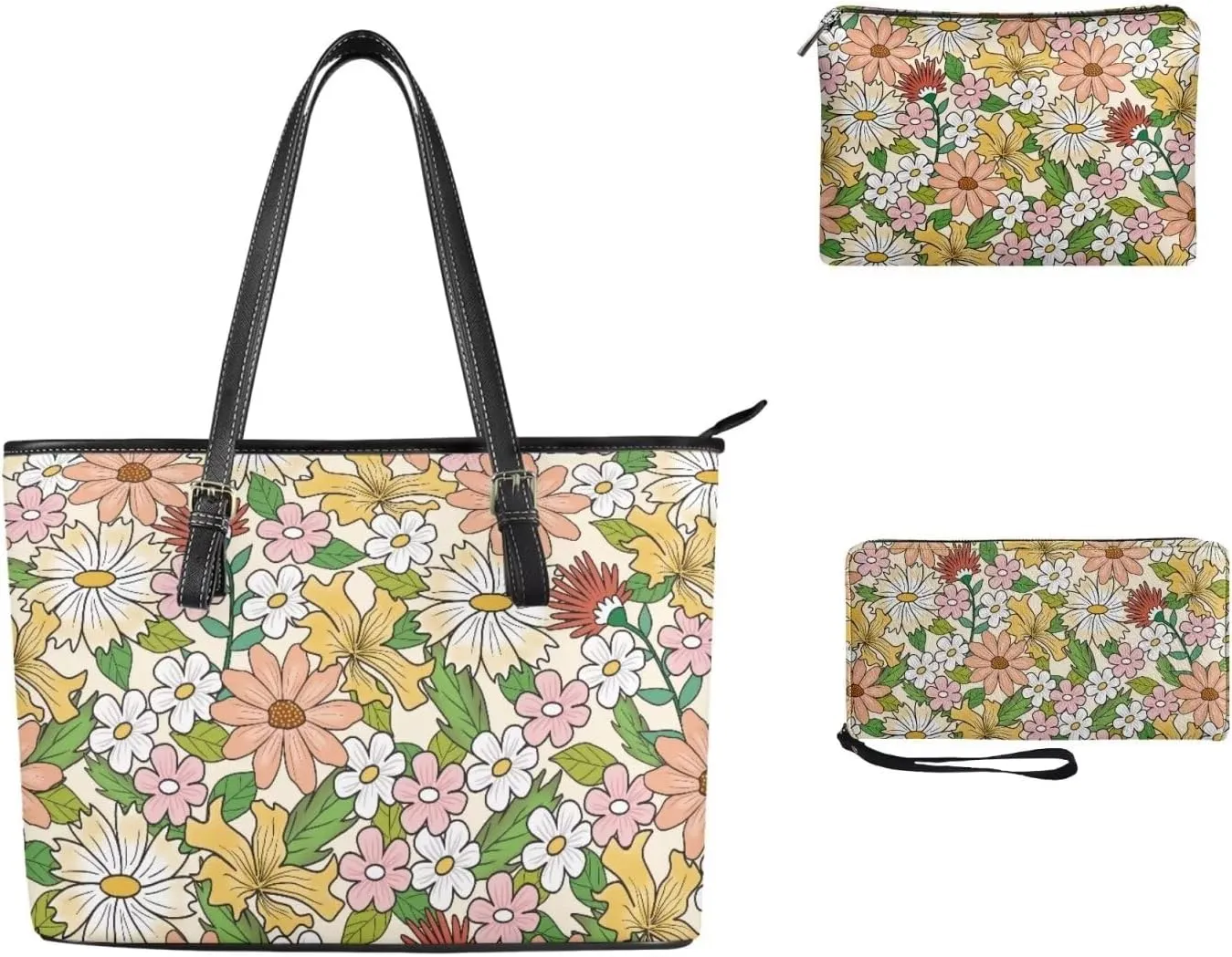 Tote Bag with Zipper Womens Leathe Handbags and Clutch Wallet Set Fashion Daypack