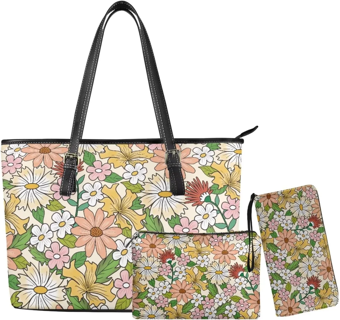 Tote Bag with Zipper Womens Leathe Handbags and Clutch Wallet Set Fashion Daypack