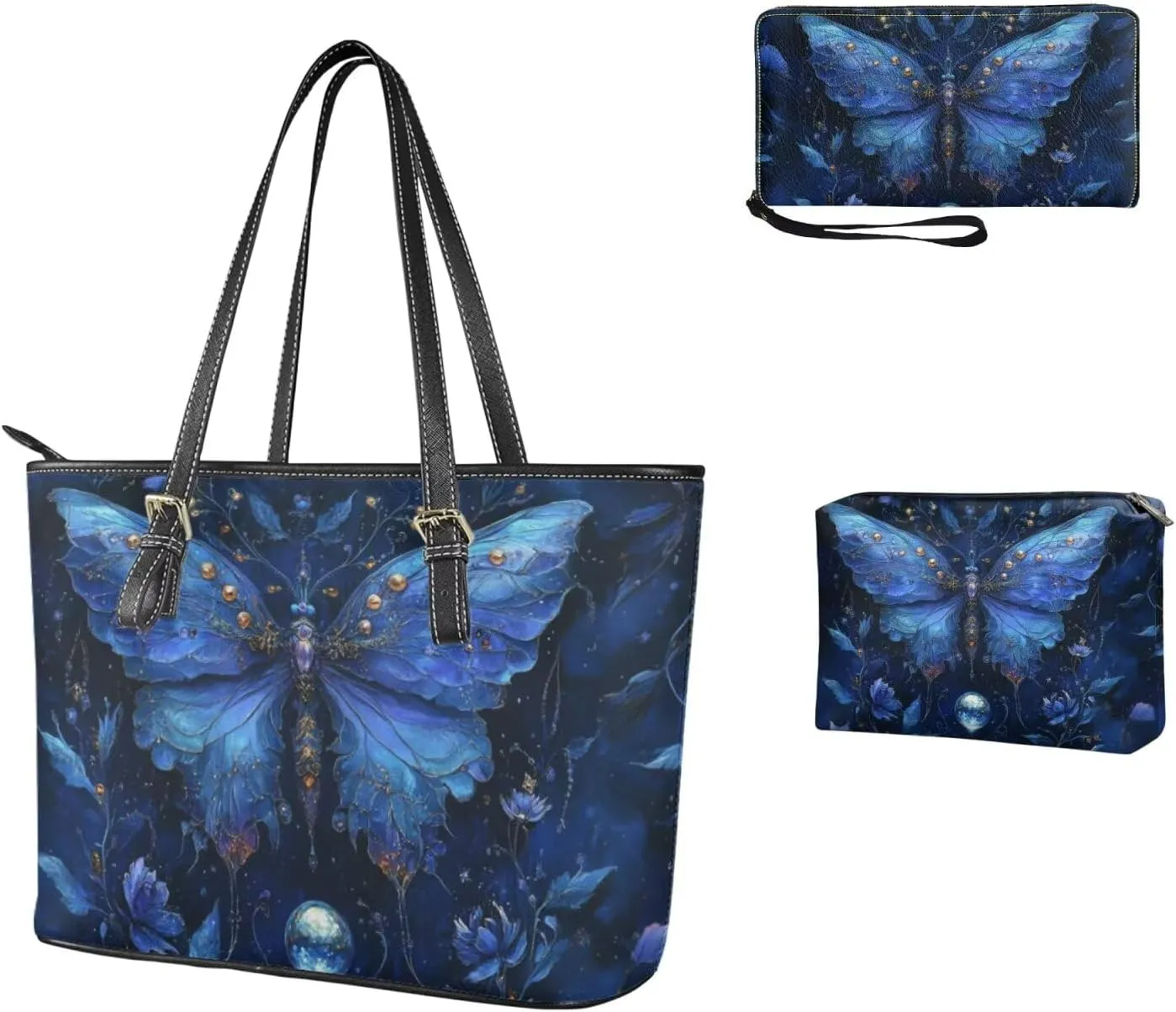 Tote Bag with Zipper Womens Leathe Handbags and Clutch Wallet Set Fashion Daypack