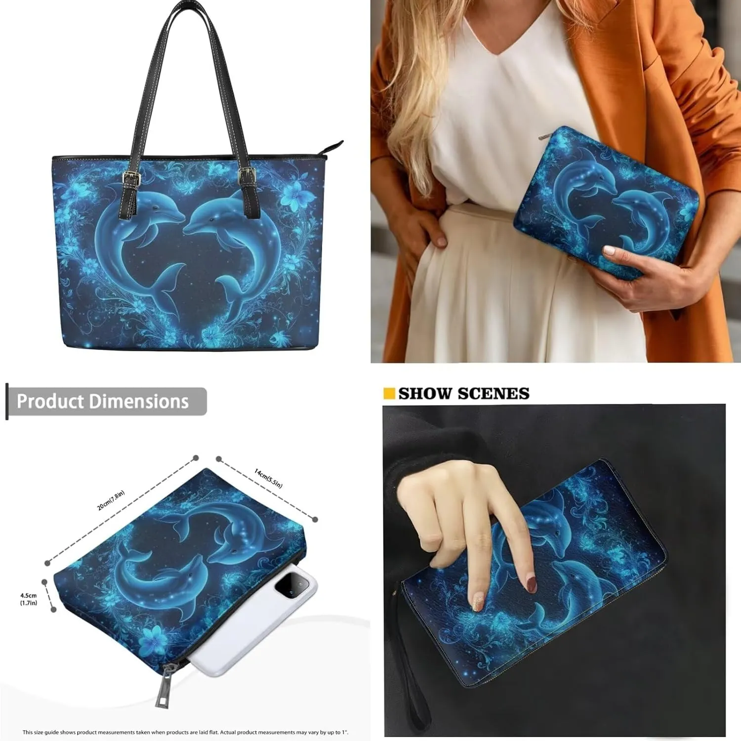 Tote Bag with Zipper Womens Leathe Handbags and Clutch Wallet Set Fashion Daypack