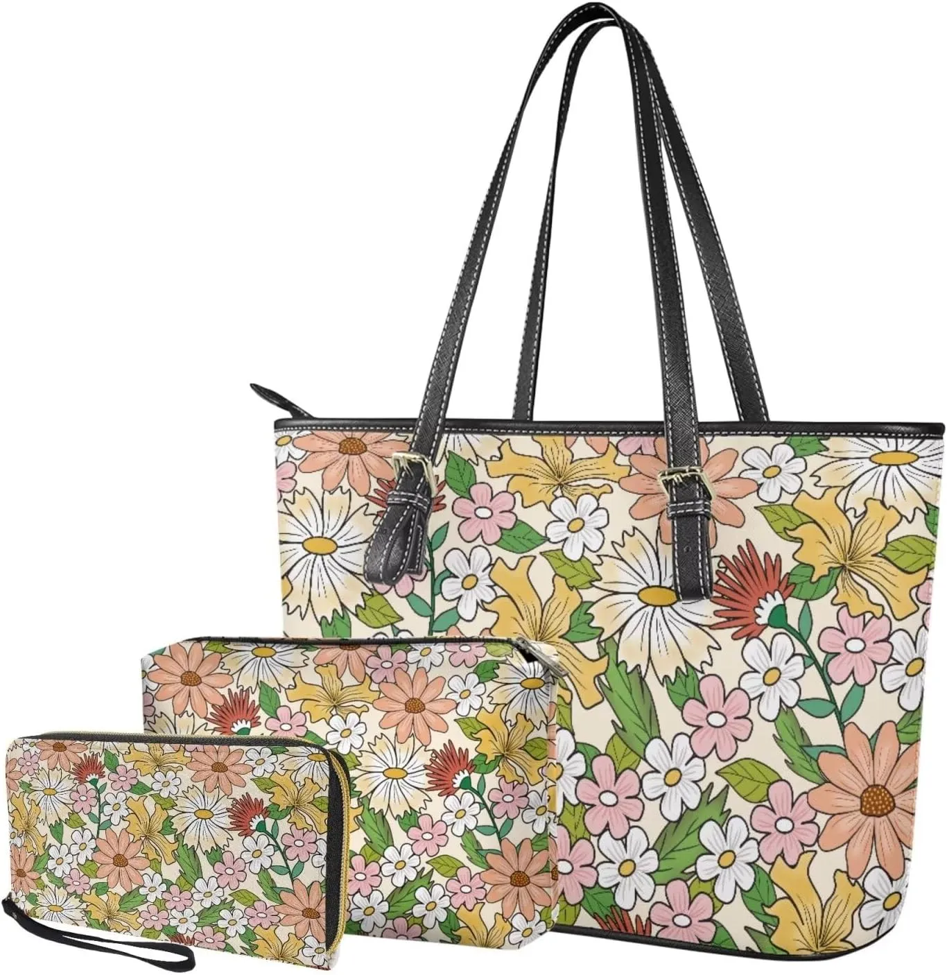 Tote Bag with Zipper Womens Leathe Handbags and Clutch Wallet Set Fashion Daypack