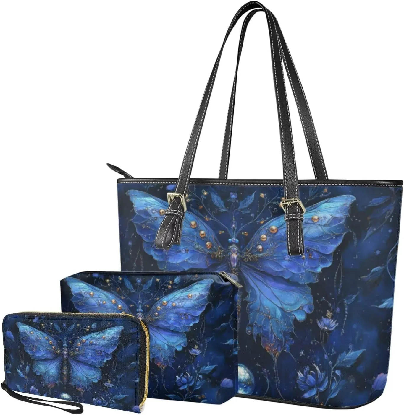 Tote Bag with Zipper Womens Leathe Handbags and Clutch Wallet Set Fashion Daypack