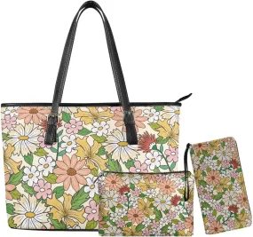 Tote Bag with Zipper Womens Leathe Handbags and Clutch Wallet Set Fashion Daypack