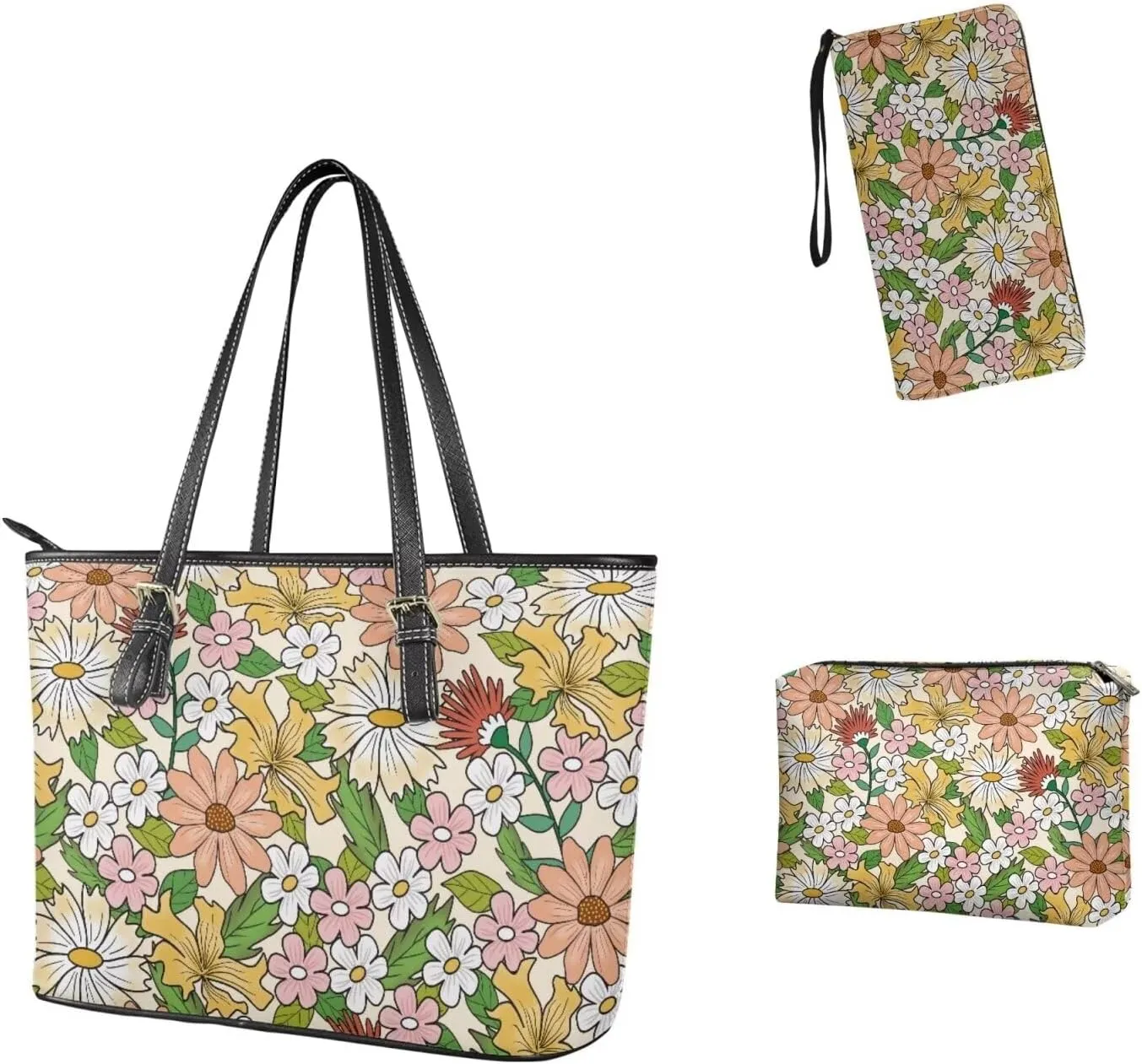 Tote Bag with Zipper Womens Leathe Handbags and Clutch Wallet Set Fashion Daypack