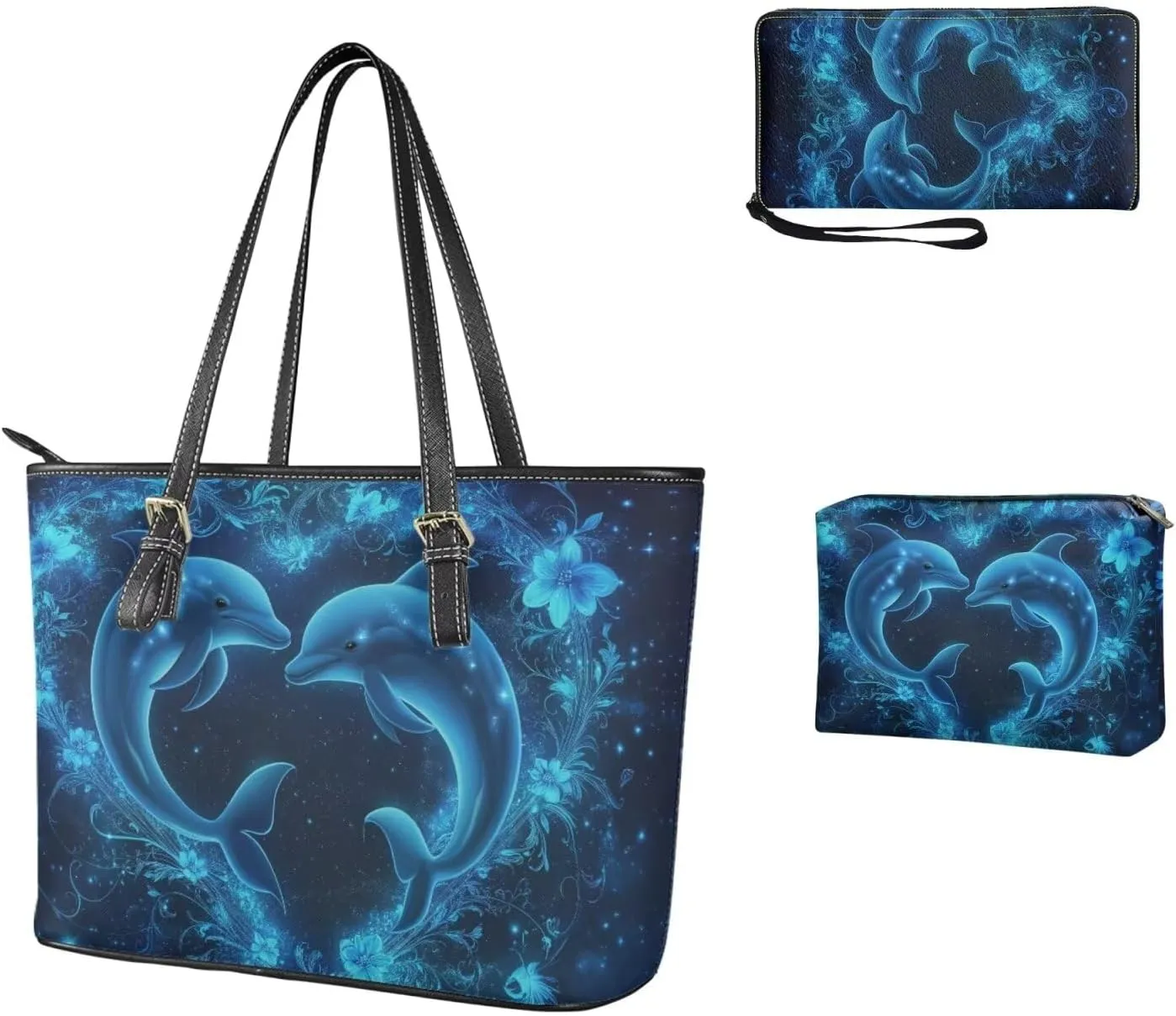 Tote Bag with Zipper Womens Leathe Handbags and Clutch Wallet Set Fashion Daypack