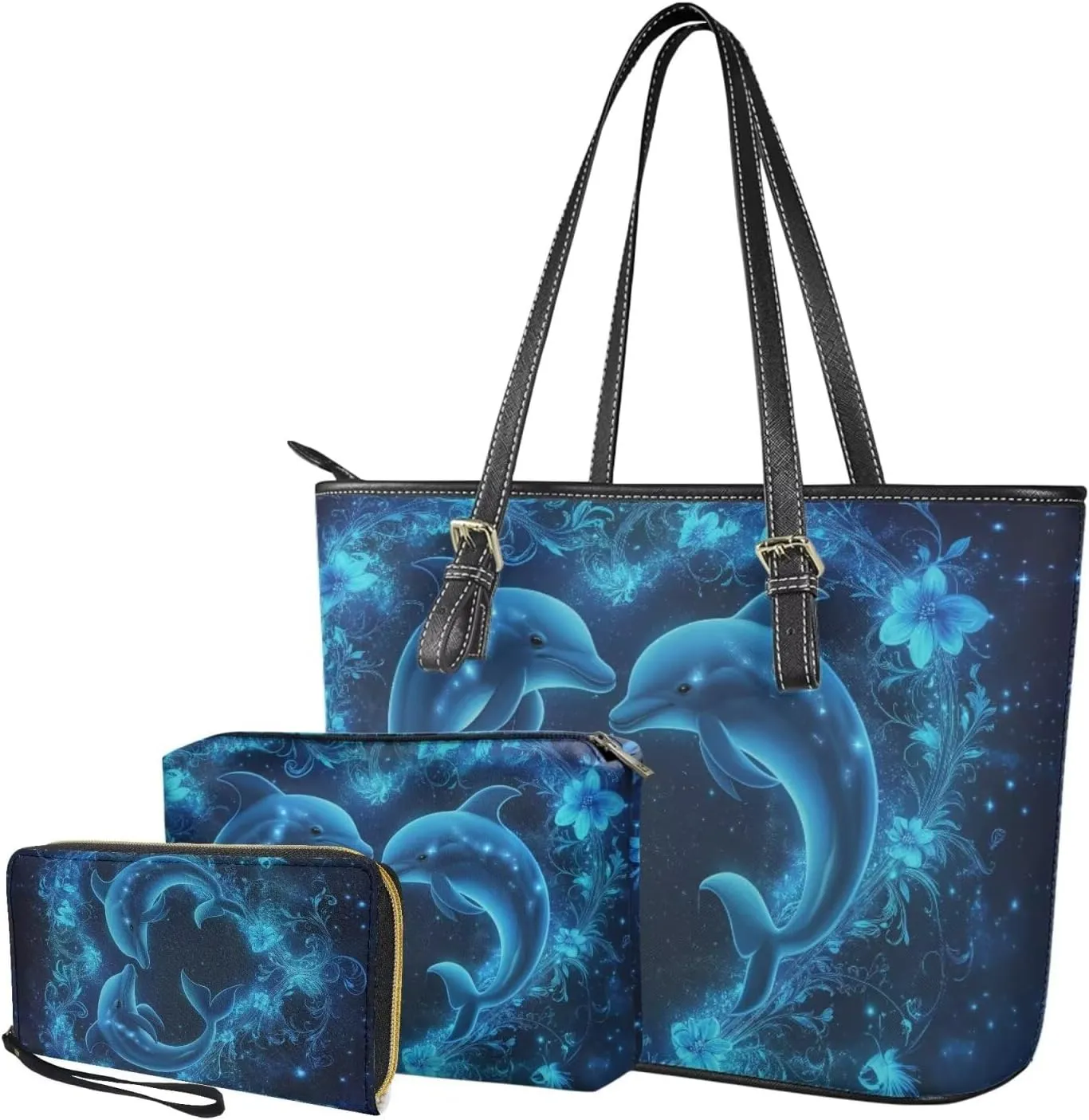 Tote Bag with Zipper Womens Leathe Handbags and Clutch Wallet Set Fashion Daypack