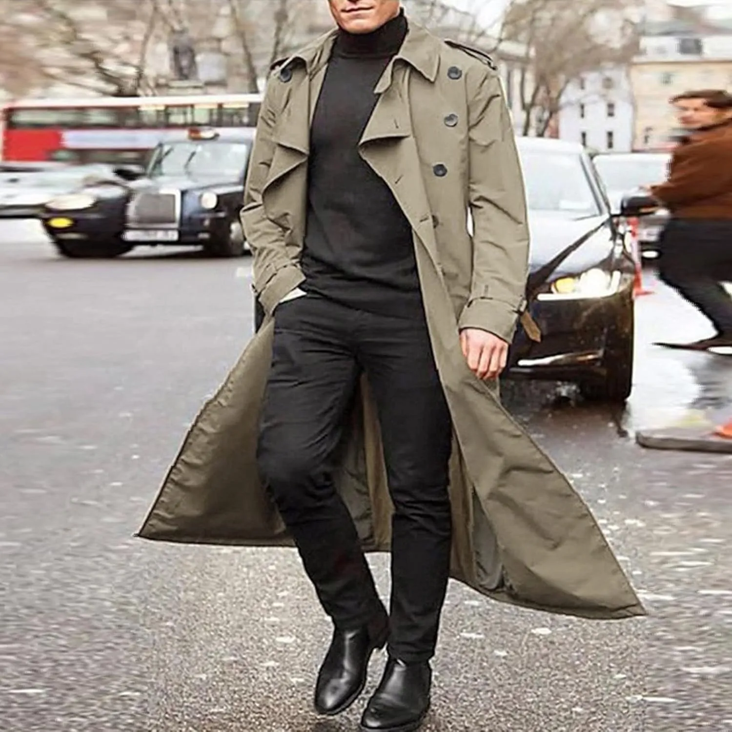 Trench Coat Men Men's Trench Coat Fashion Easy Notch Lapel Business Casual Jacket Solid Long Coat Windbreaker Overcoat