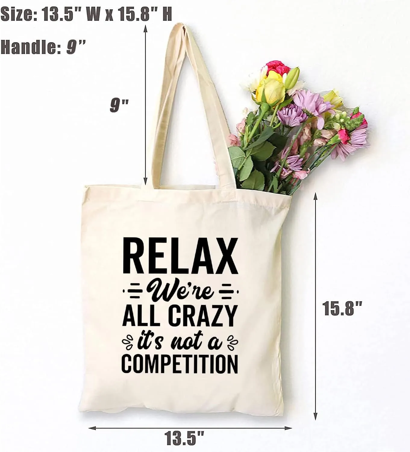 TSIIUO Relax We're All Crazy It's Not a Competition Canvas Tote Bag Womens Inspirational Gift Reusable Shopping Bag