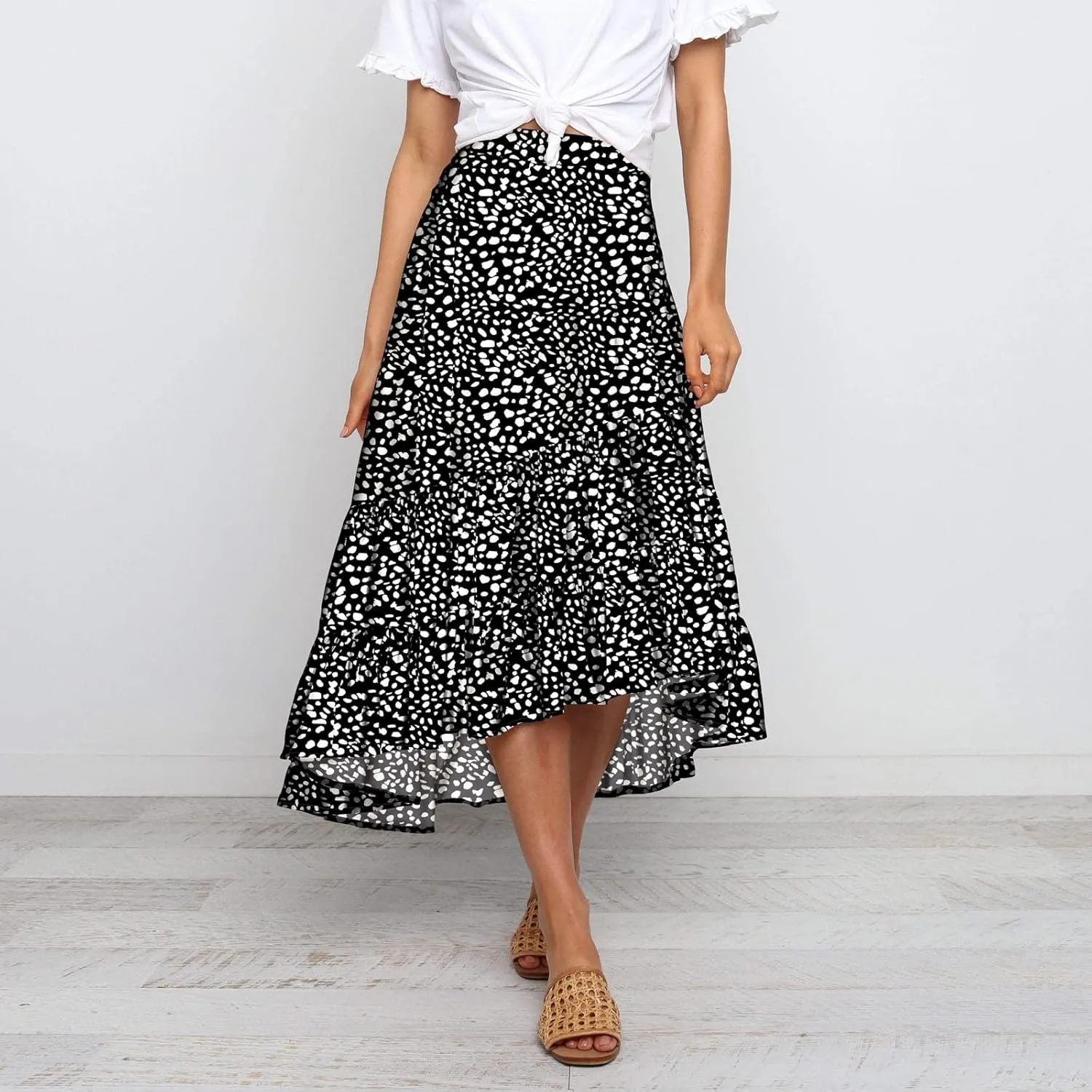 tuduoms Ditzy Floral Skirt Midi Boho Elastic High Waist Skirt A-line Long Vintage Skirts for Women High Low Pleated Skirt