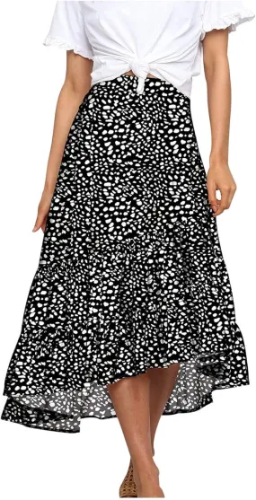 tuduoms Ditzy Floral Skirt Midi Boho Elastic High Waist Skirt A-line Long Vintage Skirts for Women High Low Pleated Skirt