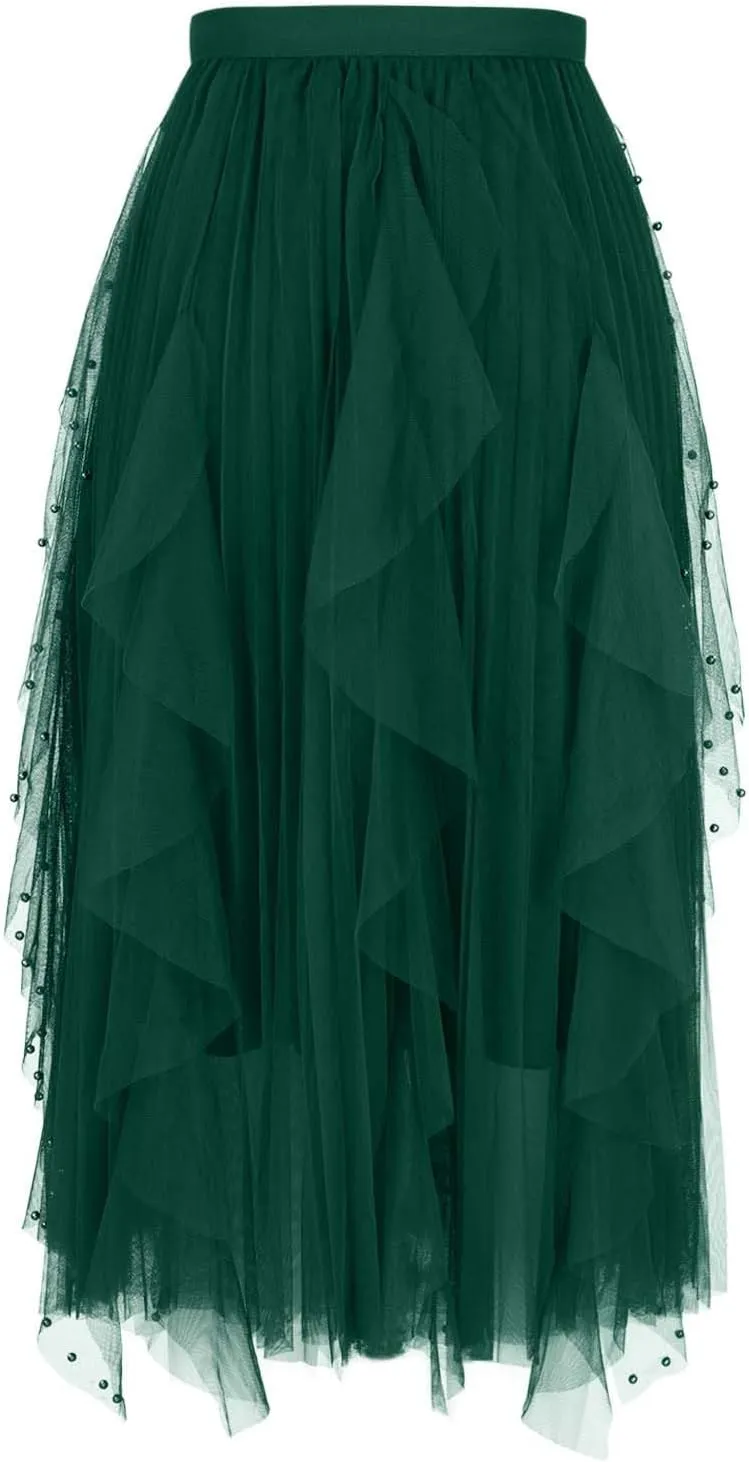 Tulle Skirts for Women Fashion A-Line Fairy Elastic Waist Midi Skirts Mesh Solid Color Flowy Half Dress Plus Size