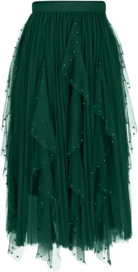 Tulle Skirts for Women Fashion A-Line Fairy Elastic Waist Midi Skirts Mesh Solid Color Flowy Half Dress Plus Size