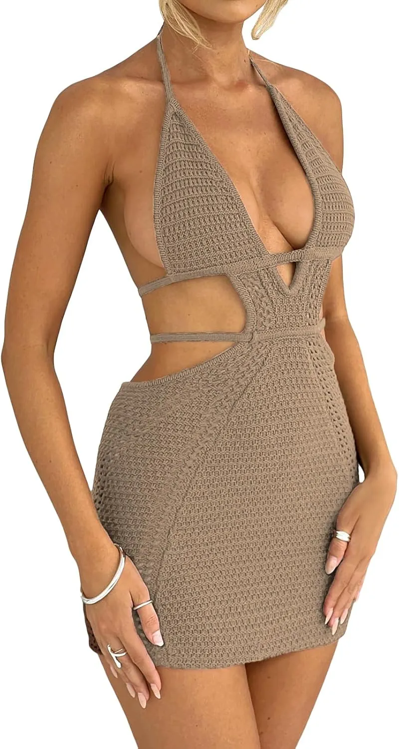 UAURORAO Women Crochet Beach Dress Halter Neck Spaghetti Strap Bodycon Boho Sundress Backless Cut Out Knit Pencil Dress