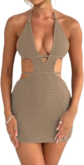 UAURORAO Women Crochet Beach Dress Halter Neck Spaghetti Strap Bodycon Boho Sundress Backless Cut Out Knit Pencil Dress