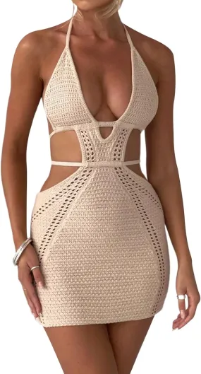 UAURORAO Women Crochet Beach Dress Halter Neck Spaghetti Strap Bodycon Boho Sundress Backless Cut Out Knit Pencil Dress