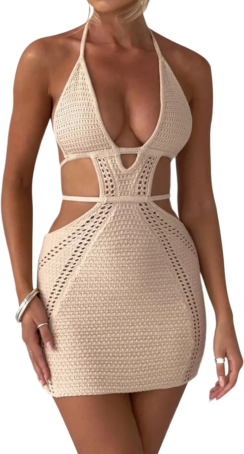 UAURORAO Women Crochet Beach Dress Halter Neck Spaghetti Strap Bodycon Boho Sundress Backless Cut Out Knit Pencil Dress